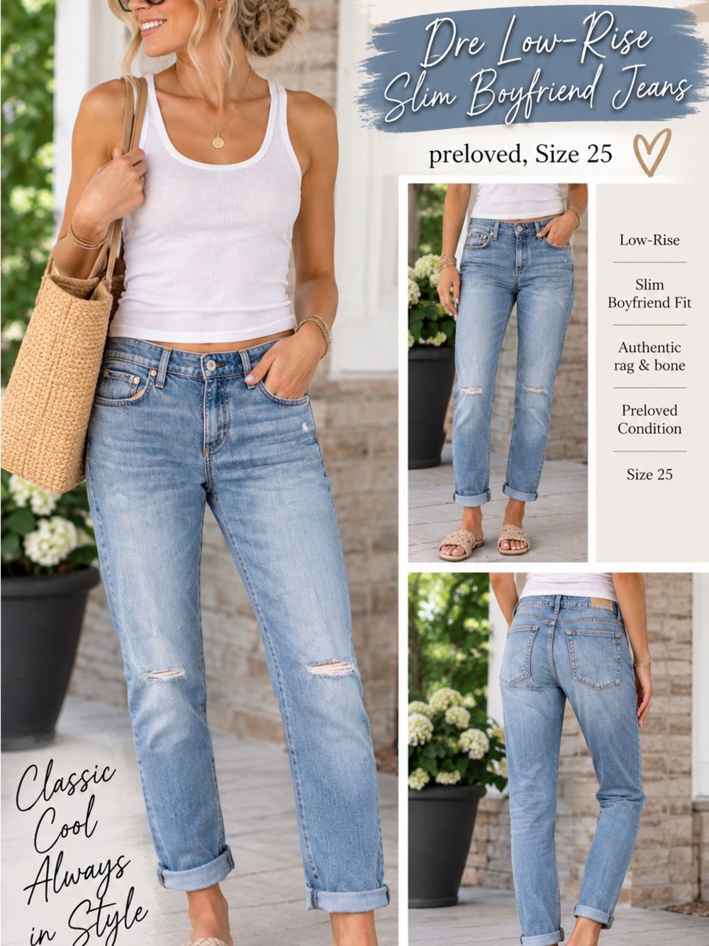 rag & bone Dre Low-Rise Slim Boyfriend Jeans - Blue - Size 25
